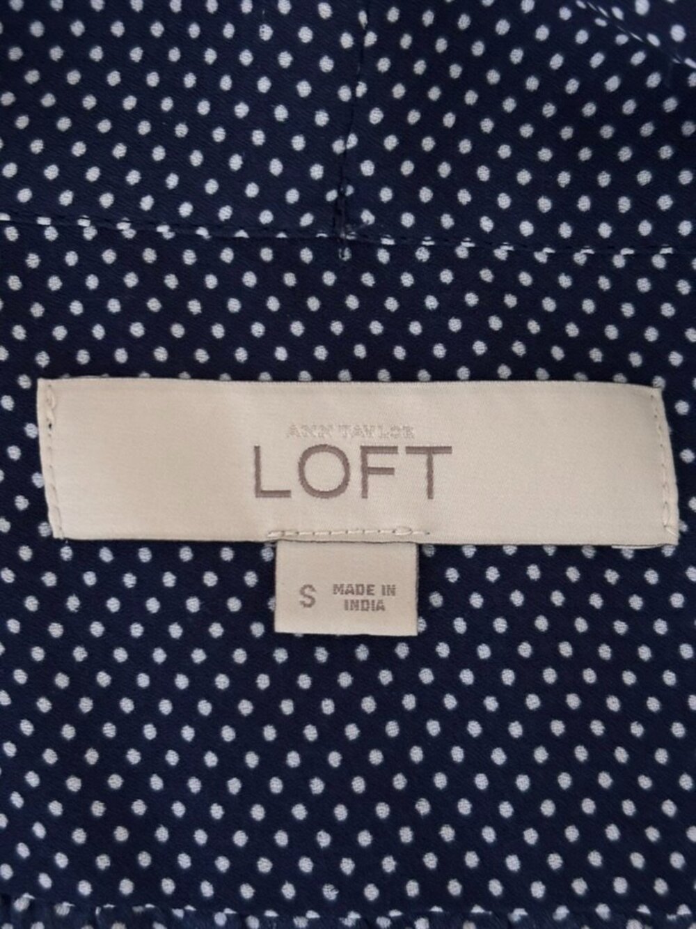 LOFT Navy Polka Dot Tie-Neck Blouse | Size S | Long Sleeve | Swing Silhouette - Picture 6 of 7